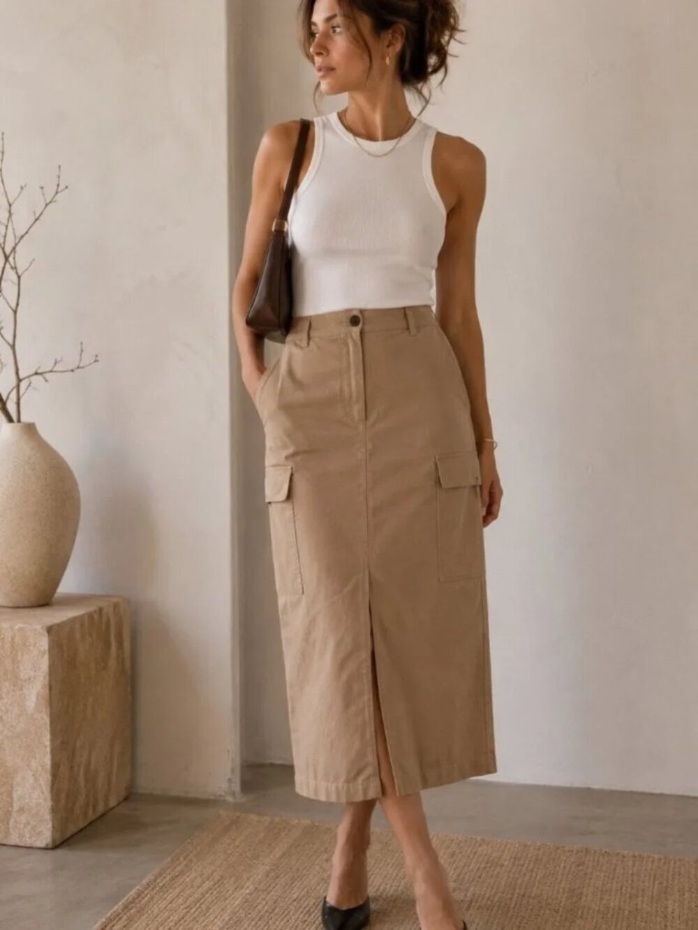 Jason Wu Cargo Midi Skirt Tan Minimalist Utility size L NWT